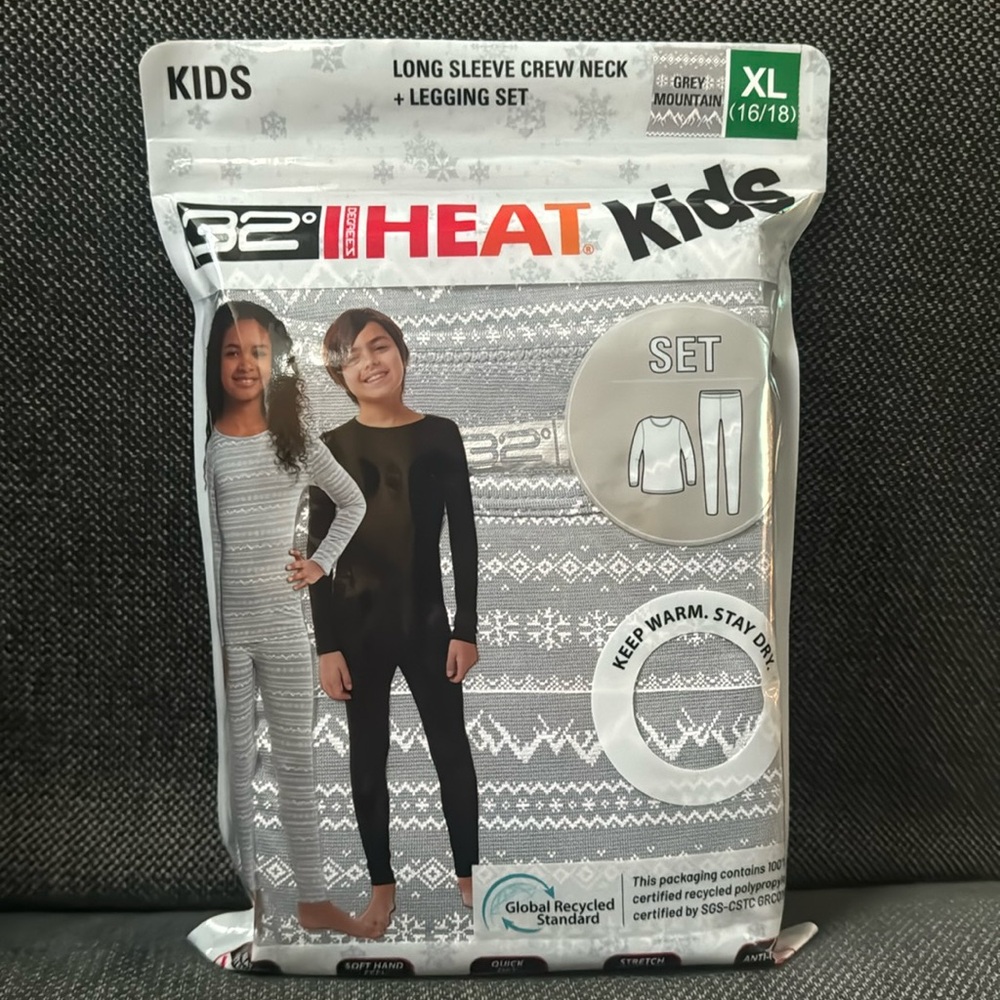 32 Degrees Kids Heat Set Grey Size M L XL Long Sleeve Long Pant Girls Boys